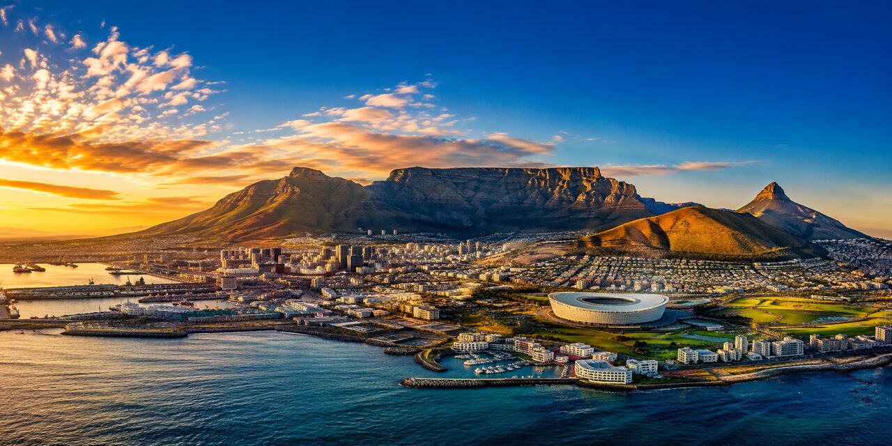 Cape Town harbour and Table Mountain at sunrise